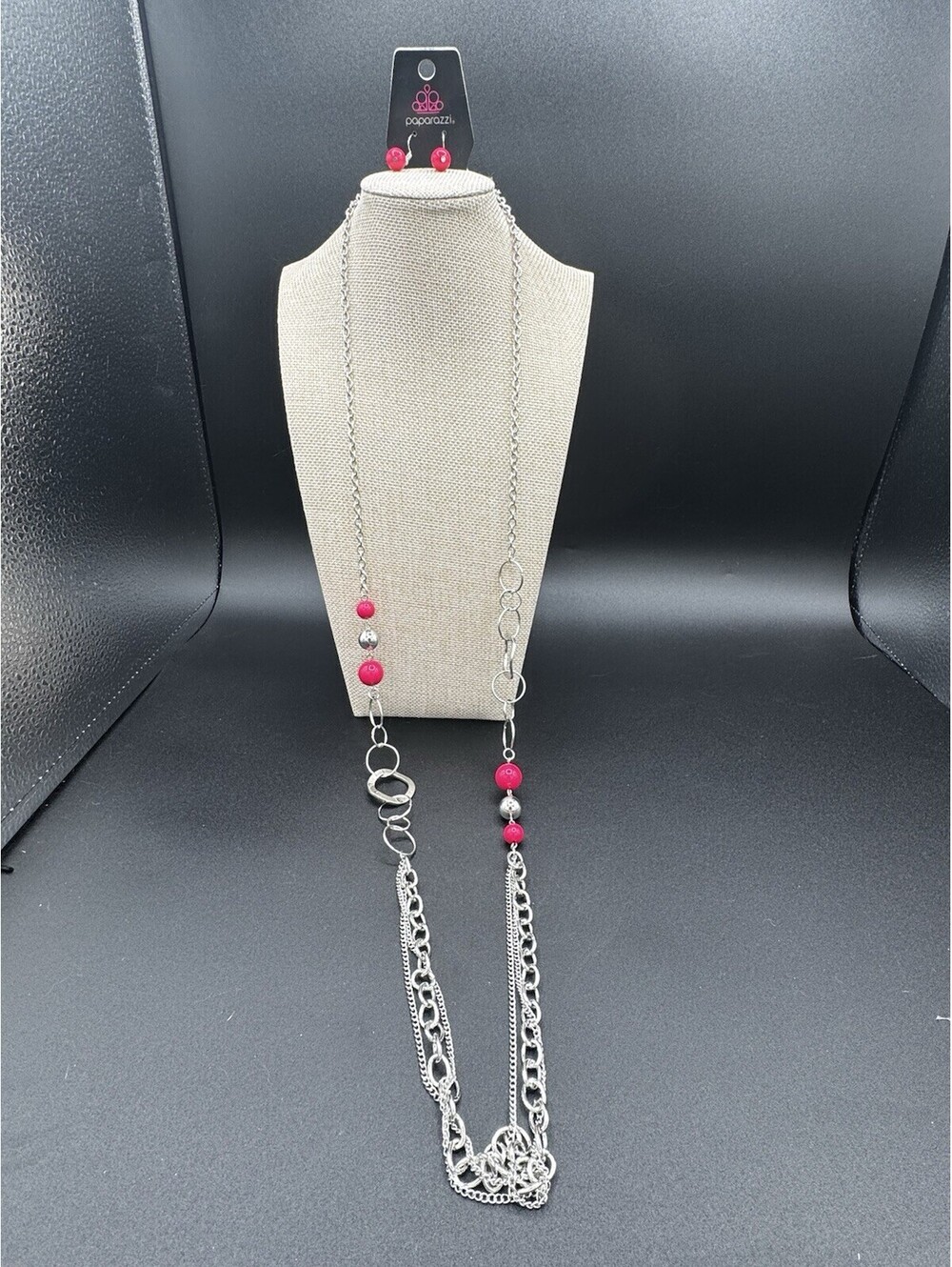 Paparazzi Silver Chain Tassel Necklace Set Hot Pink Beaded Long Necklace Boho